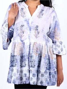 Sacred Threads Beaded Blockprint lavender and white Cotton Shirt